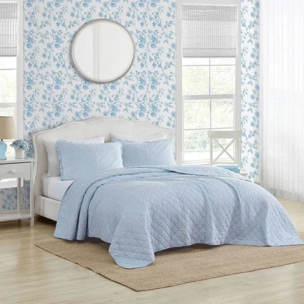 Charming Laura Ashley TWIN Oxford Striped Quilt Set Blue Pin Stripe ~ NEW